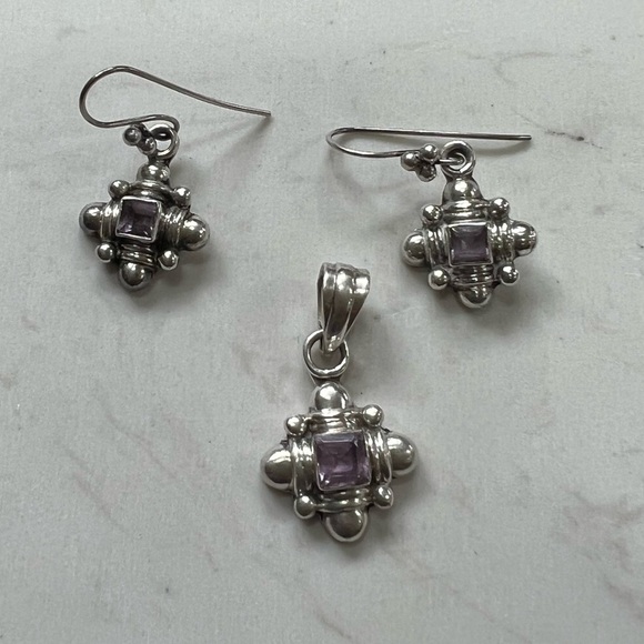 Vintage Sterling Silver Amethyst Brooch & Earring set - Picture 1 of 12